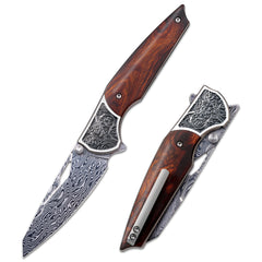 REMETTE Damascus Knives Hidden Pivot Pin Design Desert Ironwood Handle All-Titanium Structure Folding Pocket Knife