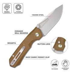 REMETTE Stable Button Lock Knife Folding Pocket EDC Outdoor Survival Knife Hand Lapping 14C28N Blade Brown Micarta Handle Rhino-MC319BR