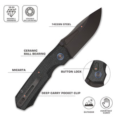 REMETTE Button Lock Folding Pocket Knife Outdoor Survival EDC Knife Hand Lapping 14C28N Blade Black Non-slip Handle Micarta Knife Rhino-MC319B