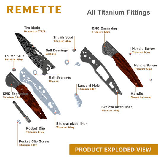 REMETTE Damascus Knives Hidden Pivot Pin Design Desert Ironwood Handle All-Titanium Structure Folding Pocket Knife