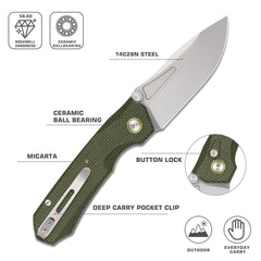 REMETTE Button Lock EDC Knife Folding Pocket Outdoor Survival EDC Knife Hand Lapping 14C28N Blade Military Green Micarta Handle Rhino-MC319G