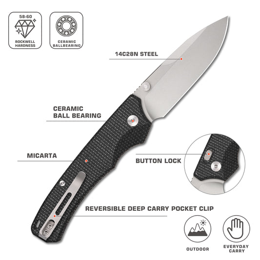 REMETTE Button Lock Folding Pocket Knife Sharp 14C28N Blade Reversible Pocket Clip Durable Micarta Handle Men Women EDC Hiking Fishing Camping Knives WD107