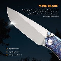 REMETTE Wild Species High-end M390 Pocket Folding EDC Knife Beautifully Textured Titanium Handle Thumb Stud Opener Front Flipper Camping Hiking Survival Knife WD108-B