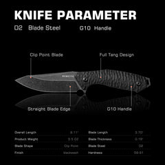 REMETTE RT-Allosaurus G10 Handle D2 Steel Fixed Blade Knife Camping Tactical Survival Knife with Fire Starter Kydex Sheath