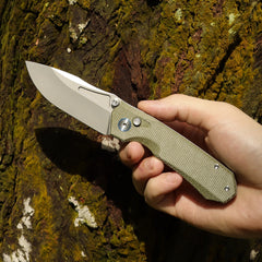 REMETTE Button Lock EDC Knife Folding Pocket Outdoor Survival EDC Knife Hand Lapping 14C28N Blade Military Green Micarta Handle Rhino-MC319G