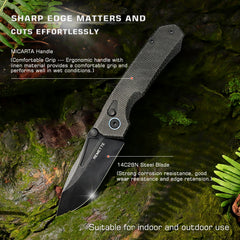 REMETTE Button Lock Folding Pocket Knife Outdoor Survival EDC Knife Hand Lapping 14C28N Blade Black Non-slip Handle Micarta Knife Rhino-MC319B