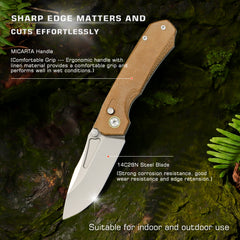 REMETTE Stable Button Lock Knife Folding Pocket EDC Outdoor Survival Knife Hand Lapping 14C28N Blade Brown Micarta Handle Rhino-MC319BR