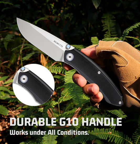 REMETTE Folding Pocket Knife Black G10 Handle 14C28N Blade Camping Hiking EDC Knife Thumb Studs Opener GC103-B