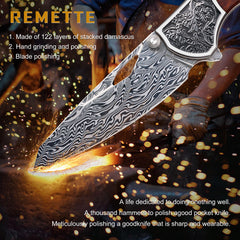 REMETTE Damascus Knives Hidden Pivot Pin Design Desert Ironwood Handle All-Titanium Structure Folding Pocket Knife