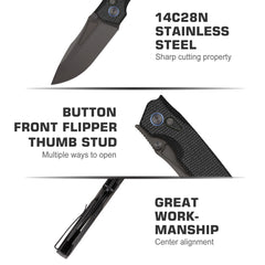 REMETTE Button Lock Folding Pocket Knife Outdoor Survival EDC Knife Hand Lapping 14C28N Blade Black Non-slip Handle Micarta Knife Rhino-MC319B