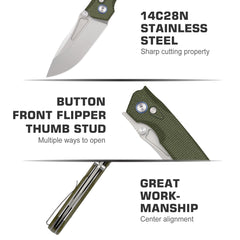 REMETTE Button Lock EDC Knife Folding Pocket Outdoor Survival EDC Knife Hand Lapping 14C28N Blade Military Green Micarta Handle Rhino-MC319G