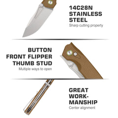 REMETTE Stable Button Lock Knife Folding Pocket EDC Outdoor Survival Knife Hand Lapping 14C28N Blade Brown Micarta Handle Rhino-MC319BR